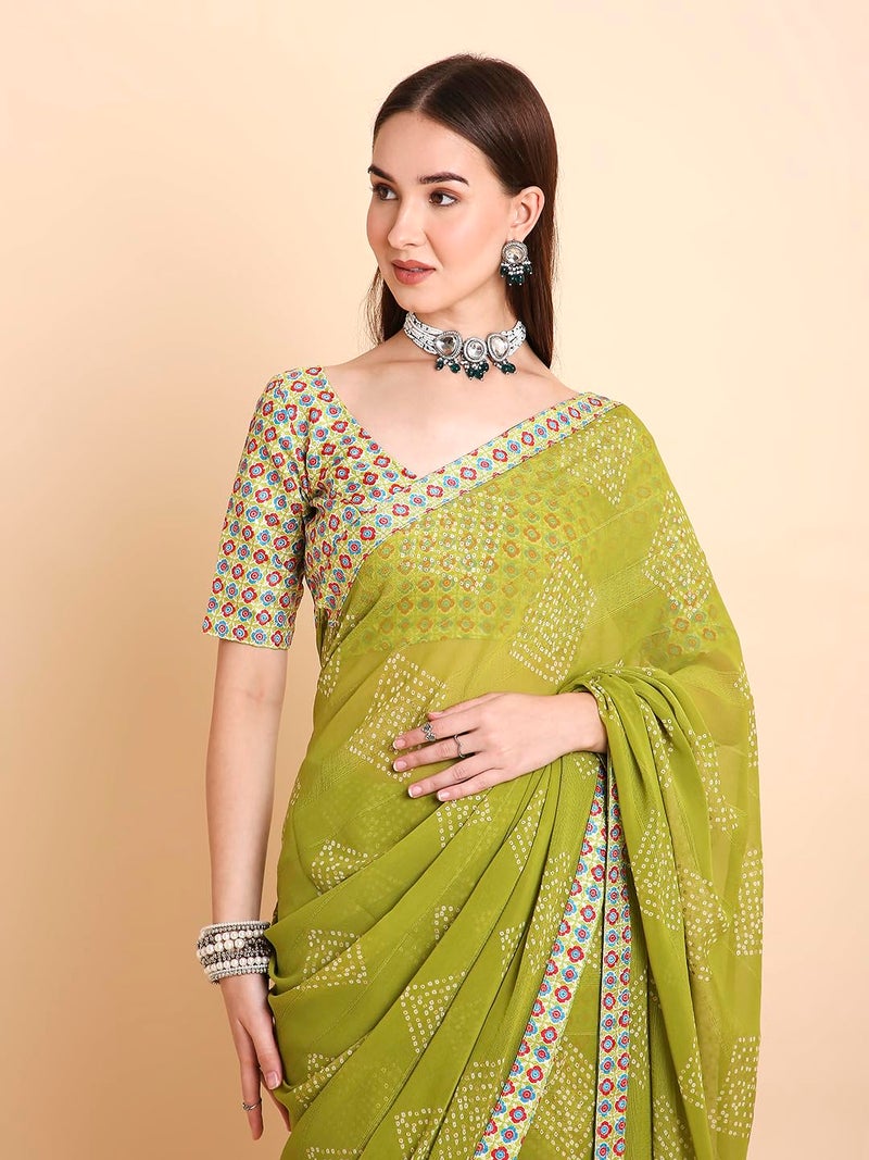 RATAN Women's Chiffon Bandhani Printed Saree with Unstitched Blouse Piece (FARW-BP-21919_Green) - Image 4