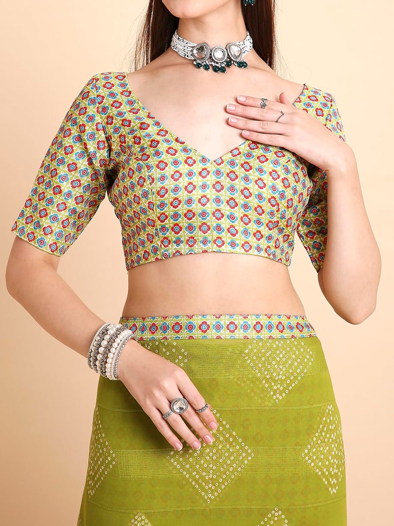 RATAN Women's Chiffon Bandhani Printed Saree with Unstitched Blouse Piece (FARW-BP-21919_Green) - Image 5