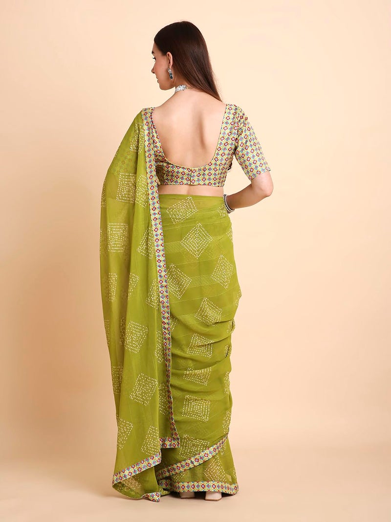 RATAN Women's Chiffon Bandhani Printed Saree with Unstitched Blouse Piece (FARW-BP-21919_Green) - Image 2