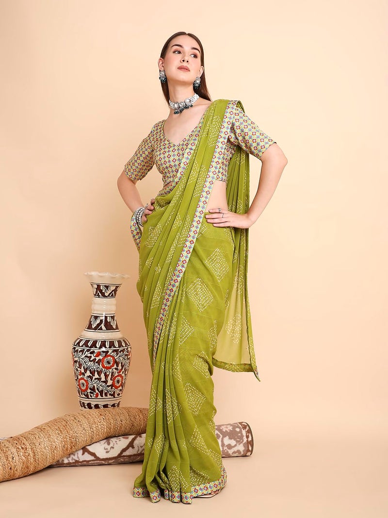 RATAN Women's Chiffon Bandhani Printed Saree with Unstitched Blouse Piece (FARW-BP-21919_Green) - Image 3