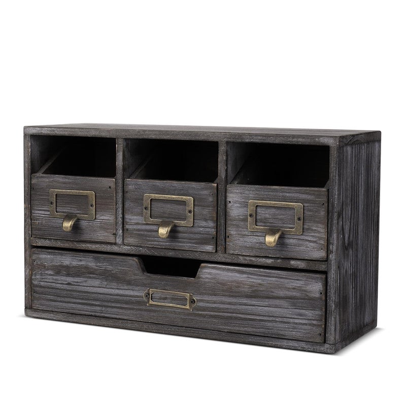 Flexzion Apothecary Cabinet with 4 Drawers - Vintage Natural Wood Desktop Organizer for Home & Office Supplies - Tabletop Wooden Storage for Catalog, Card, Jewelry, Makeup, Craft & Tools - Image 1