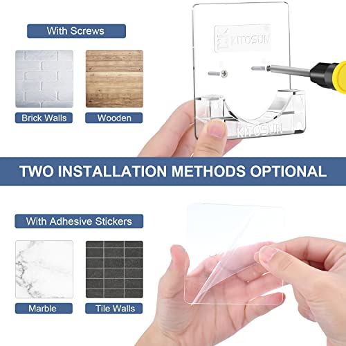KITOSUN Adhesive Shower Curtain Rod Holder – Kitosun Wall Mount Bathroom Tension Pole Retainer Brackets with Sticky Tape for Quick Stick on and Stainless Steel Screws for Drilling Installation (Transparent) - Image 3