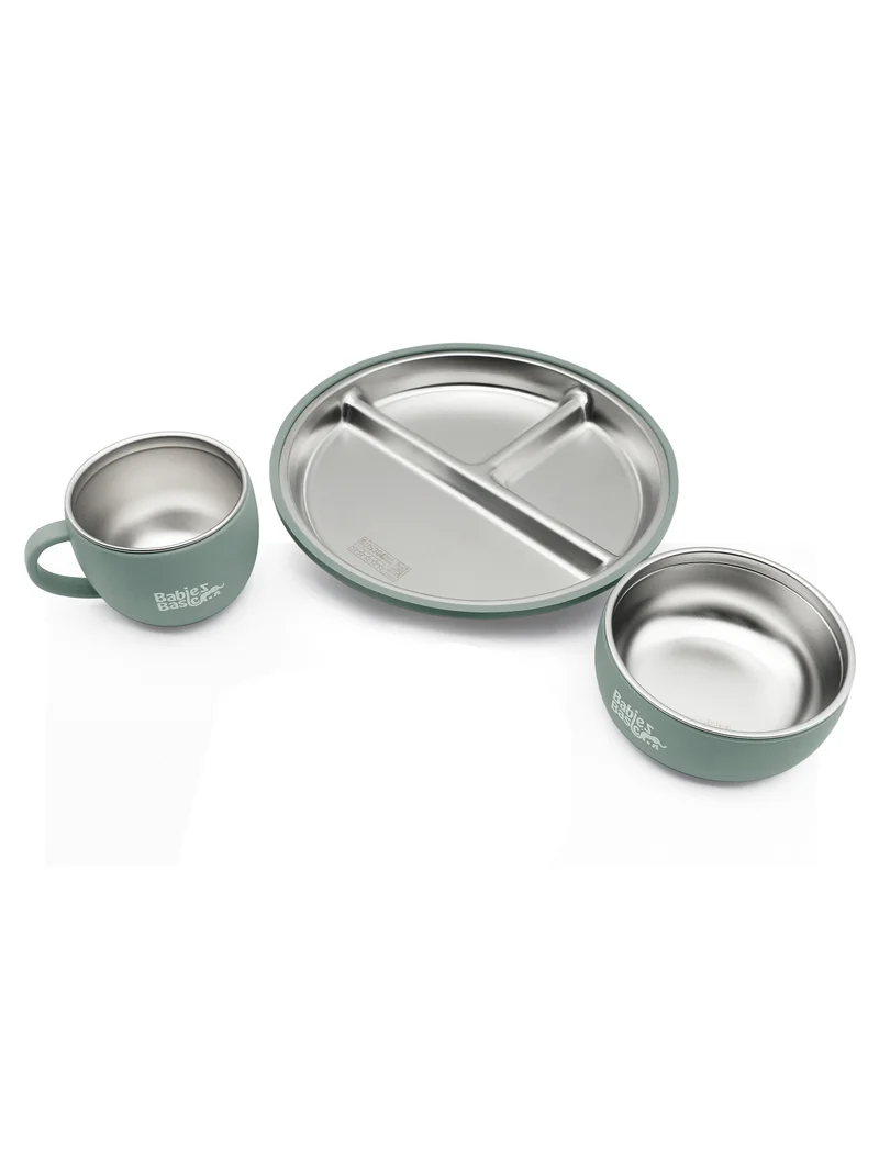 بابيز_بيسك Babies Basic Stainless Steel Plate, Bowl, and Cup with Silicone Sleeve for Kids, Green