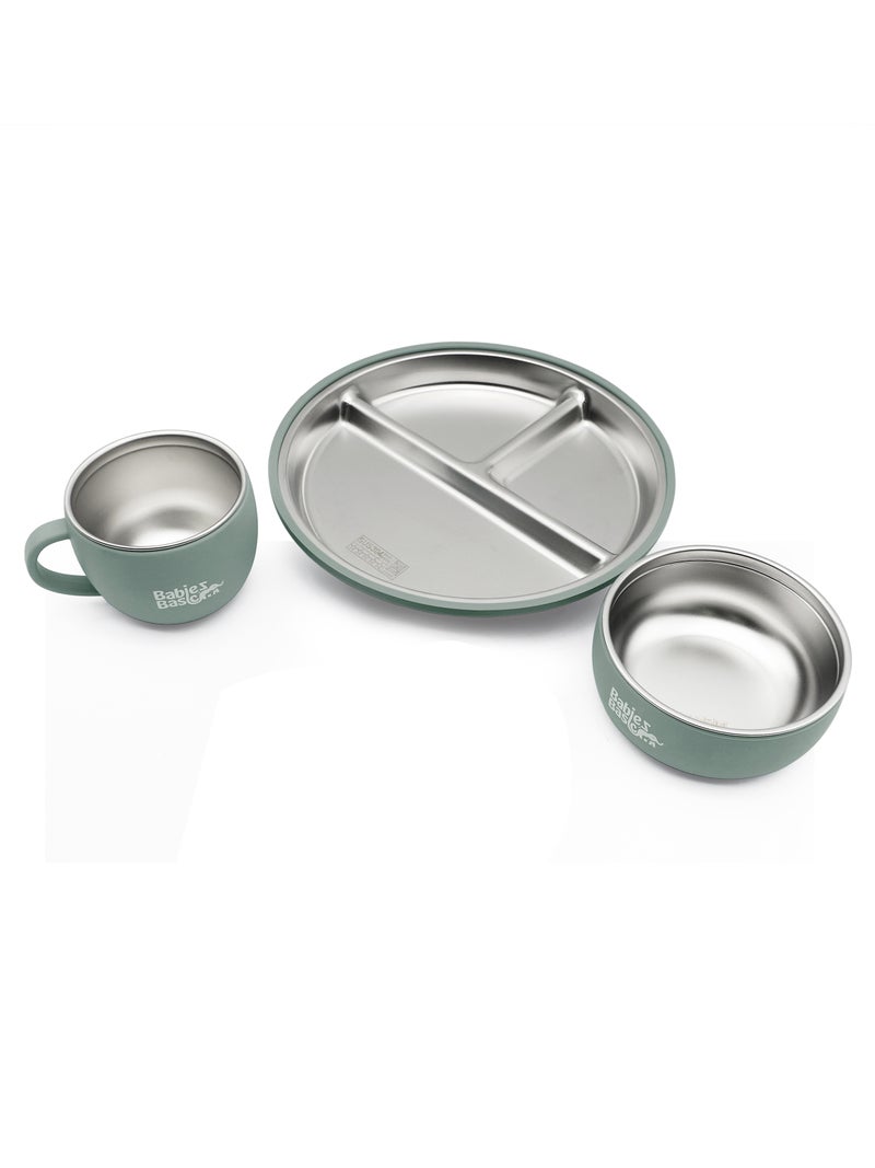 Babies Basic Stainless Steel Plate, Bowl, and Cup with Silicone Sleeve for Kids, Green - Image 1