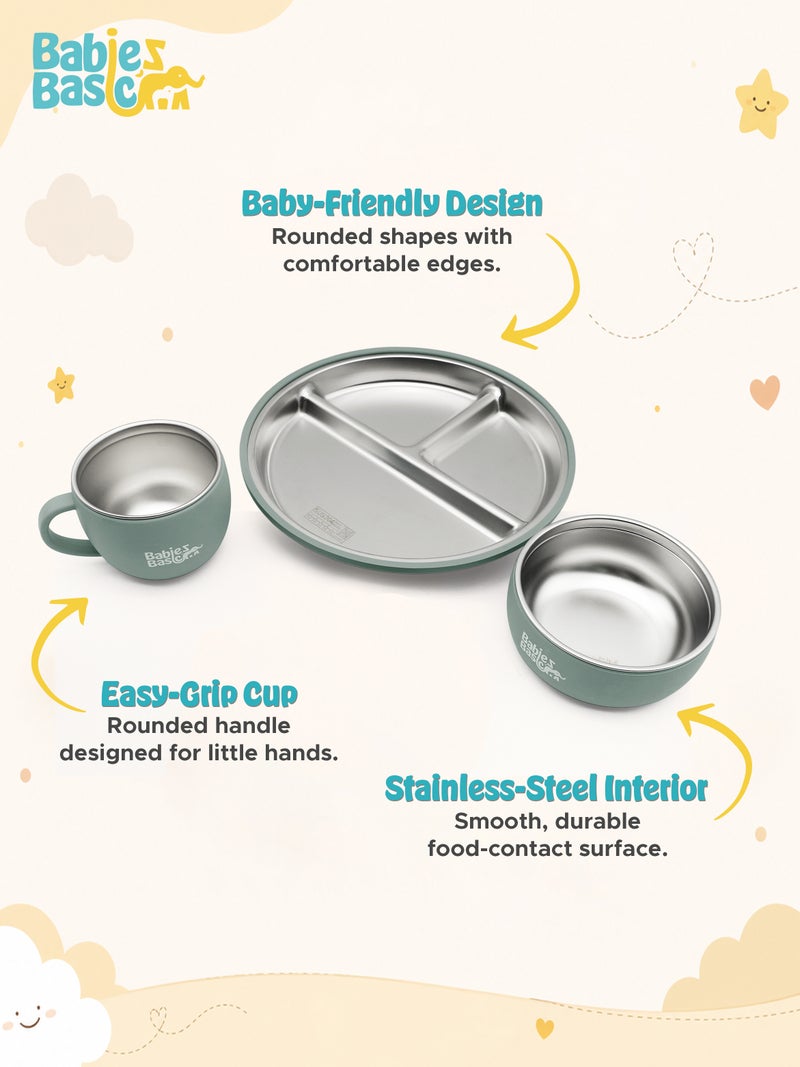Babies Basic Stainless Steel Plate, Bowl, and Cup with Silicone Sleeve for Kids, Green - Image 4