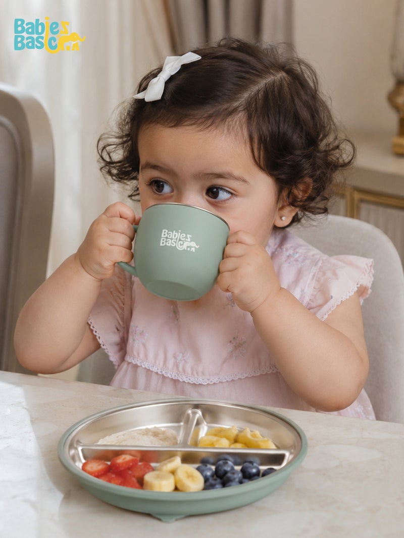 Babies Basic Stainless Steel Plate, Bowl, and Cup with Silicone Sleeve for Kids, Green - Image 3
