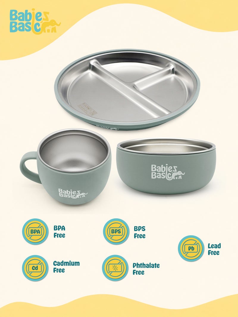 Babies Basic Stainless Steel Plate, Bowl, and Cup with Silicone Sleeve for Kids, Green - Image 5