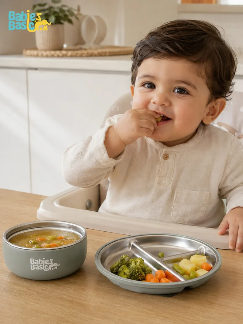 بابيز_بيسك Babies Basic Stainless Steel Plate, Bowl, and Cup with Silicone Sleeve for Kids, Green