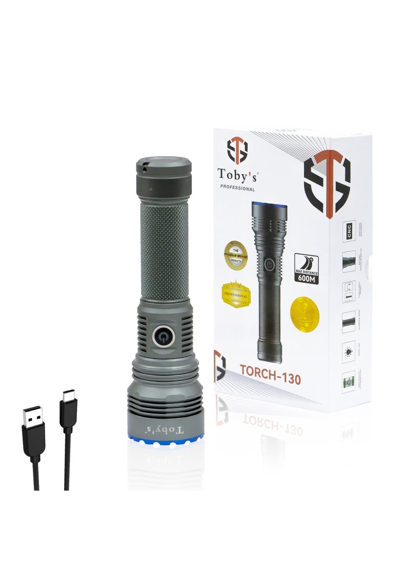 Toby's Toby's Torch -130 Rechargeable LED Bright powerful Torch Light High strength Aluminum Alloy and long Lasting battery life best for camping and outdoor activities  - Image 1