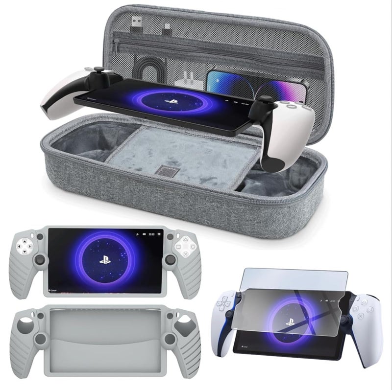 KAFRI 3 in 1 Accessories Bundle for PS Portal Remote Player with EVA Hard Carrying Case, Silicone Cover and Screen Protector Compatible with PlayStation Portal Accessories, Grey - Image 1