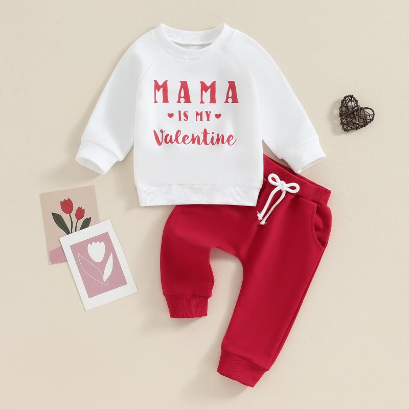 LouVasabuce Infant Baby Boy Valentines Day Clothes Outfit Letter Print Sweatshirt Top Elastic Waist Pants Set (White, 18-24 Months) - Image 2