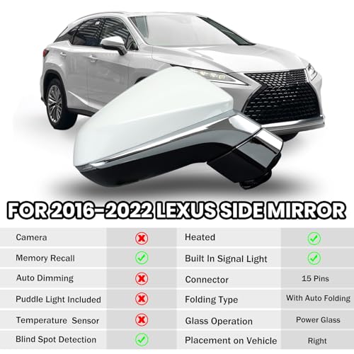MOFOAP Right Passenger Side Mirror For 20162022 Lexus RX350 350L RX450H RX450HL Mirrors with Blind Spot IndicatorHeatedMemoryTurn Signal IndicatorAuto Foldingwithout CameraPearl White - Image 3