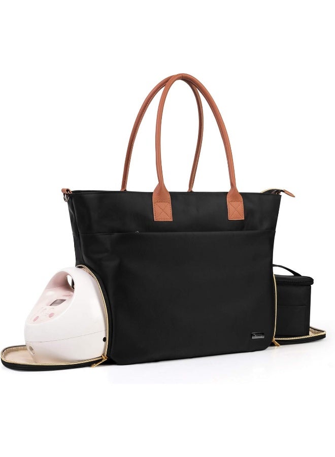 Teamoy Breast Pump Travel Bag, Leather Handle Pumping Tote Compatible with Spectra S1,S2, Medela and Cooler Bag, Laptop Breast Pump Storage Bag for Working Moms, Black (PU Handle) - Image 1