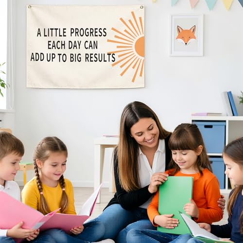 Sioial Classroom Wall Flag DecorTeacher GiftInspirational Back to School Wall Banner DecorA Little Progress EachHanging Rectangular Canvas Banner for Classroom Teacher Office Reading Corner285x20 In - Image 3