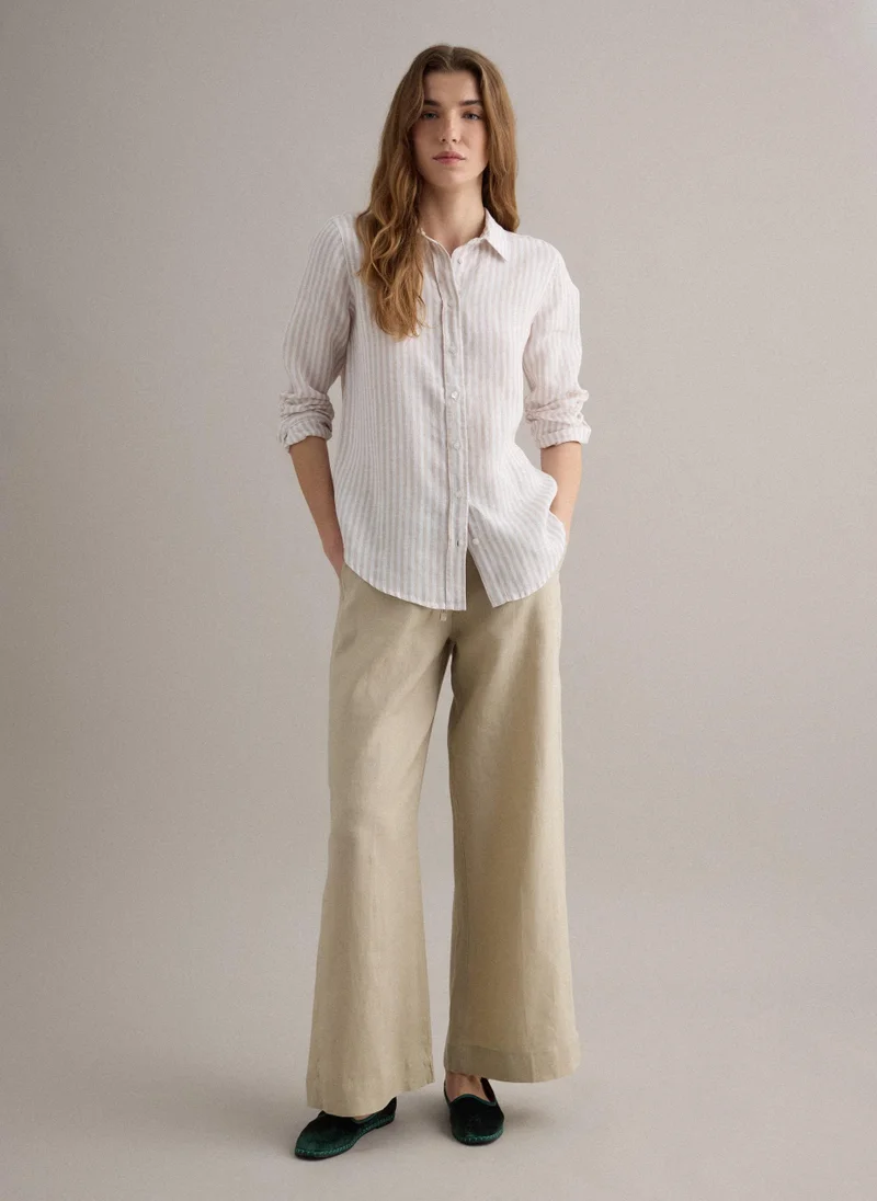 او في اس OVS Beige Pure Linen Straight-Fit Trousers With Drawstring