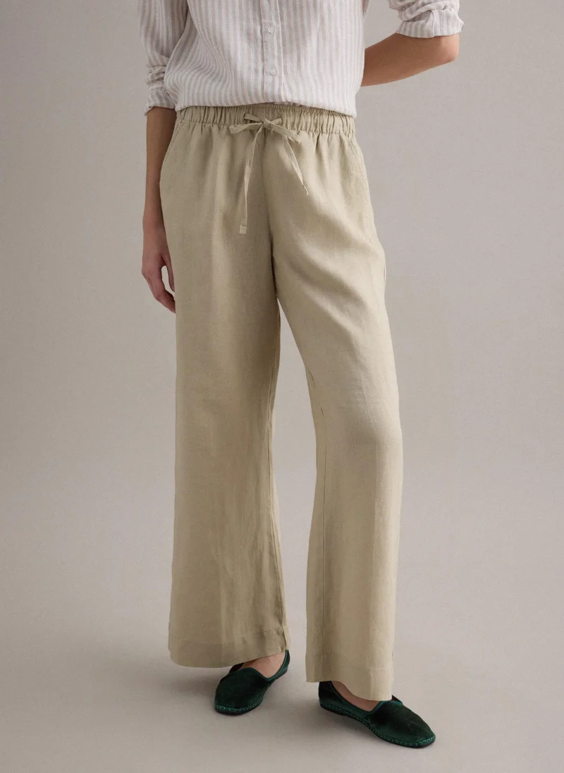 او في اس OVS Beige Pure Linen Straight-Fit Trousers With Drawstring