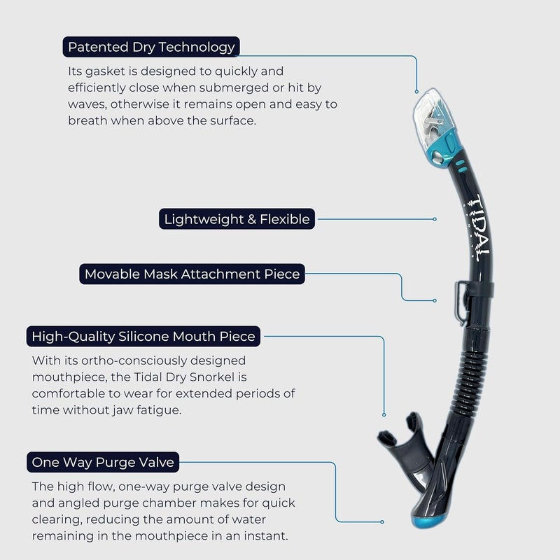 Pro Shot Tidal Dry Snorkel, Lightweight, Easy Breathing, for Snorkelling, Scuba Diving, and Swimming, Comfortable Mouthpiece with Dry Technology - Image 1