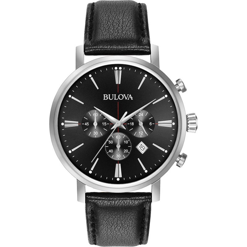 Bulova Mens Classic Aerojet Stainless Steel 6Hand Chronograph Watch with Black Leather Strap 41mm Style 96B262 - Image 2
