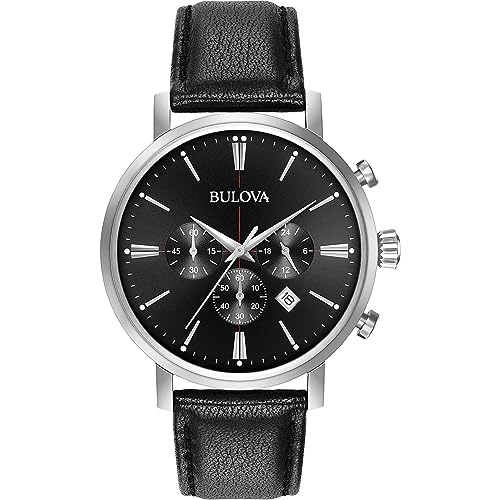 Bulova Mens Classic Aerojet Stainless Steel 6Hand Chronograph Watch with Black Leather Strap 41mm Style 96B262 - Image 1