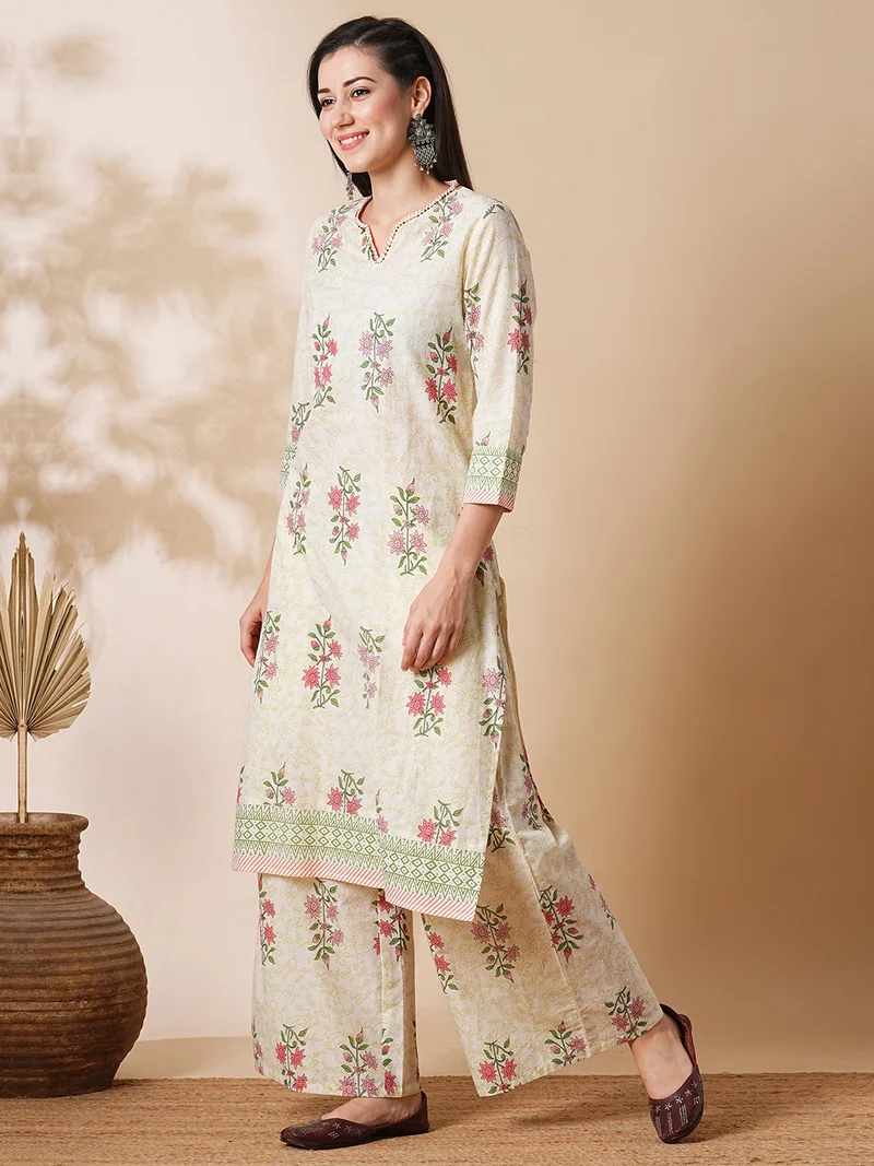 globus Women Allover Floral Print Straight Kurta With Palazzos Workwear Set