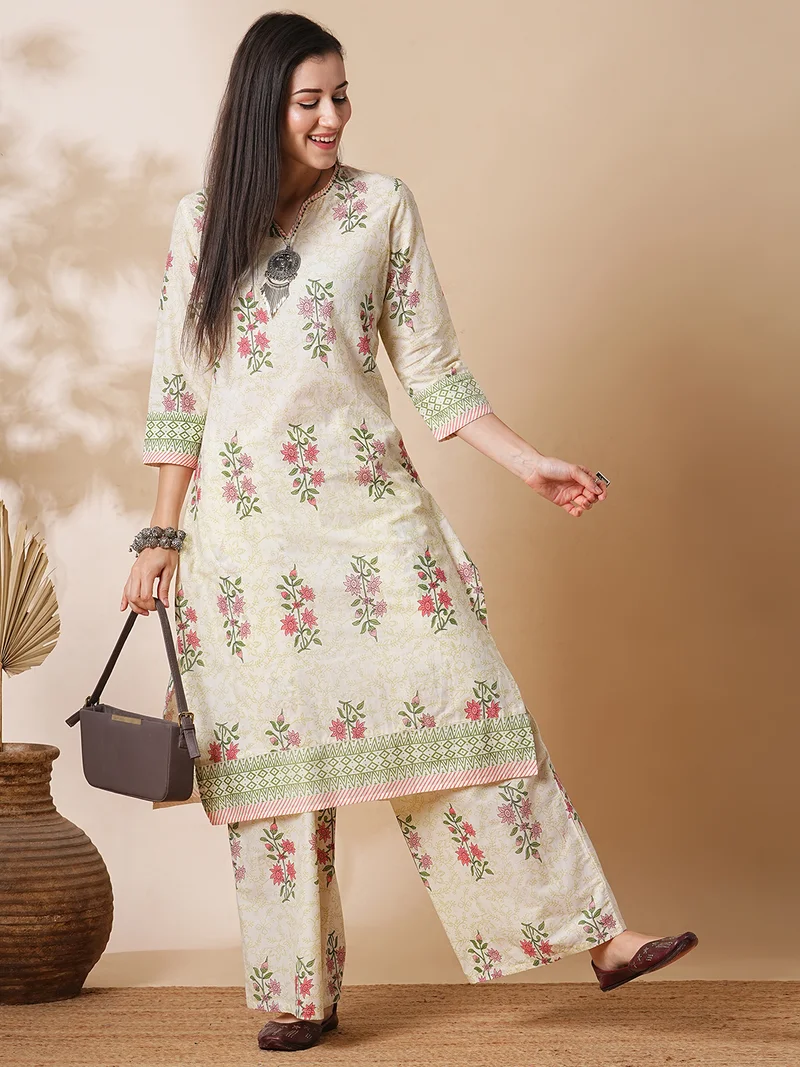 globus Women Allover Floral Print Straight Kurta With Palazzos Workwear Set