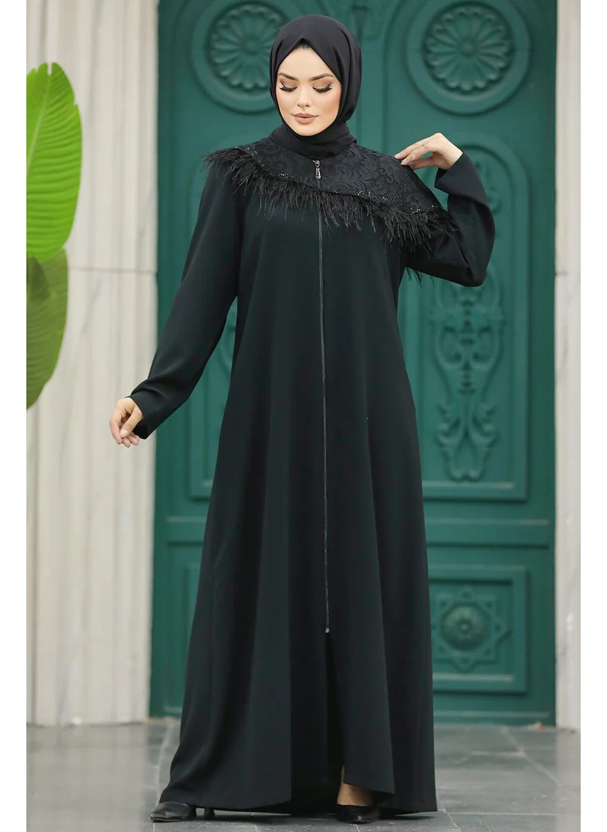 Neva Style Feather Detailed Black Hijab Abaya 10103S