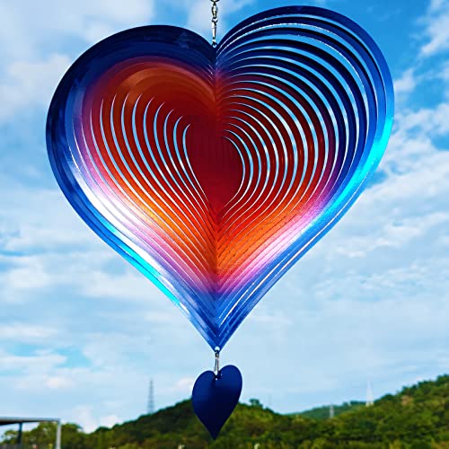 DJUAN Wind Spinners Outdoor Garden Decor 12inch BlueOrange Love Heart Hanging Wind Spinner Metal Yard Art Decorations Kinetic Wind Sculptures Spinners Birthday Gifts for Women Mom Grandma - Image 1