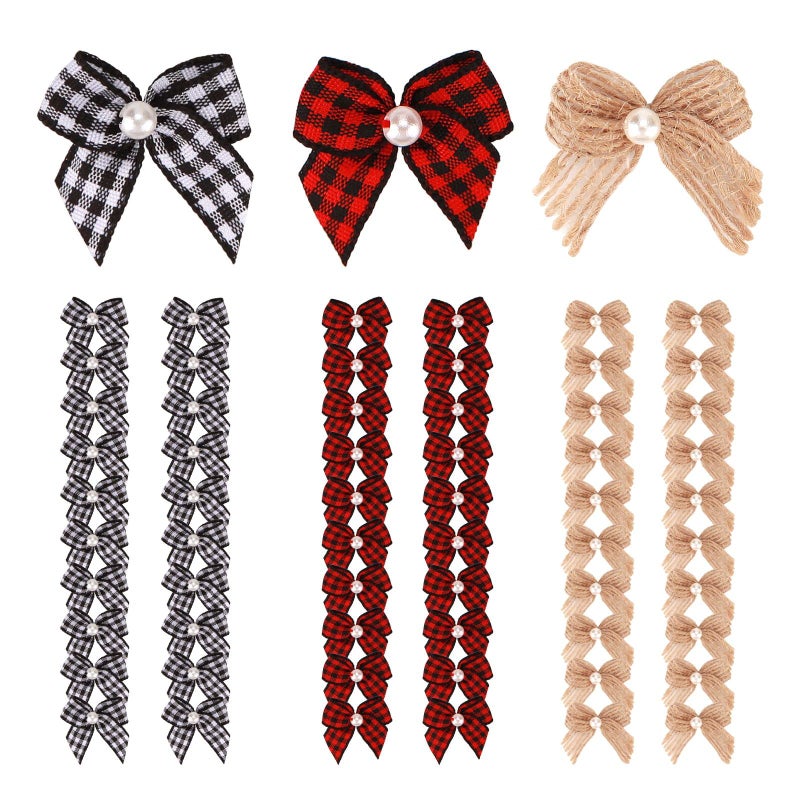 Meseey 60pcs 1 Mini Buffalo Check Plaid Red and Black Ribbon Burlap Bow White and Black Gingham Ribbon Double Bows for Packages Gift Wrapping Christmas Decoration