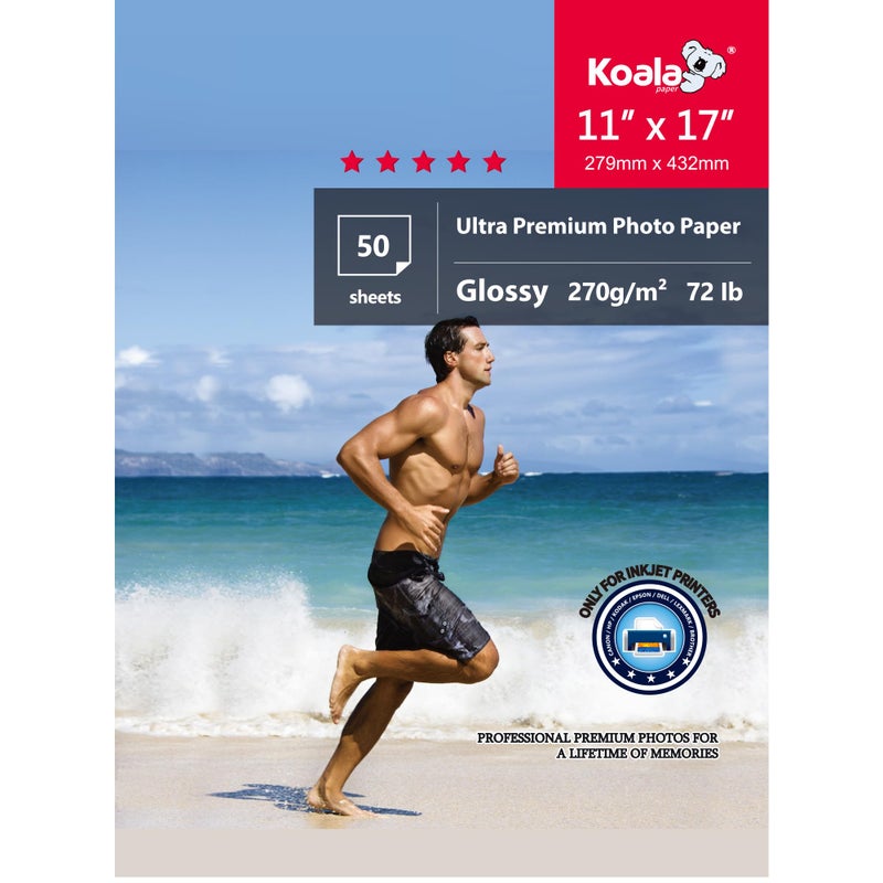 KOALA PAPER Koala Ultra Premium Photo Paper 11x17 In Glossy Photo Printer Paper for Inkjet Printer Water Resistant 50 Sheets 72lb - Image 1
