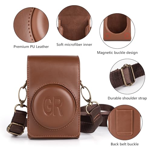 kinokoo Case for Ricoh GR/GR II/GR III/IIIx/GR IV Digital Camera, PU Leather GR GR II GR III GR III X GR IV Protective Cover with Shoulder Strap - Retro Style Easy Carrying Bag- Coffee - Image 4