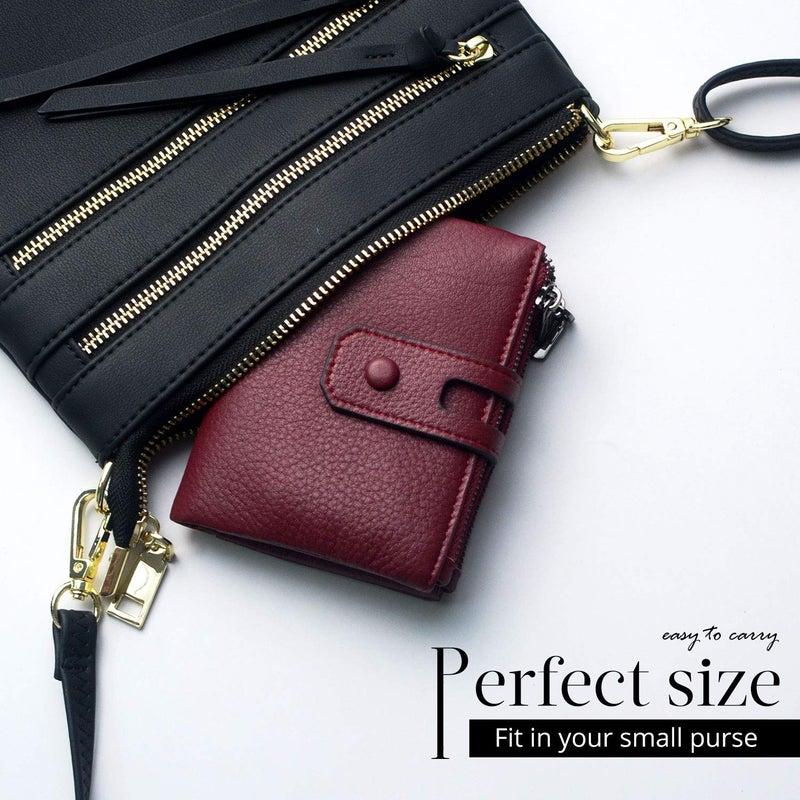 Bveyzi Small Soft Leather Wallet for Women RFID Blocking Ladies Card Holder with Double Zipper Pocket (Wine Red) - Image 4