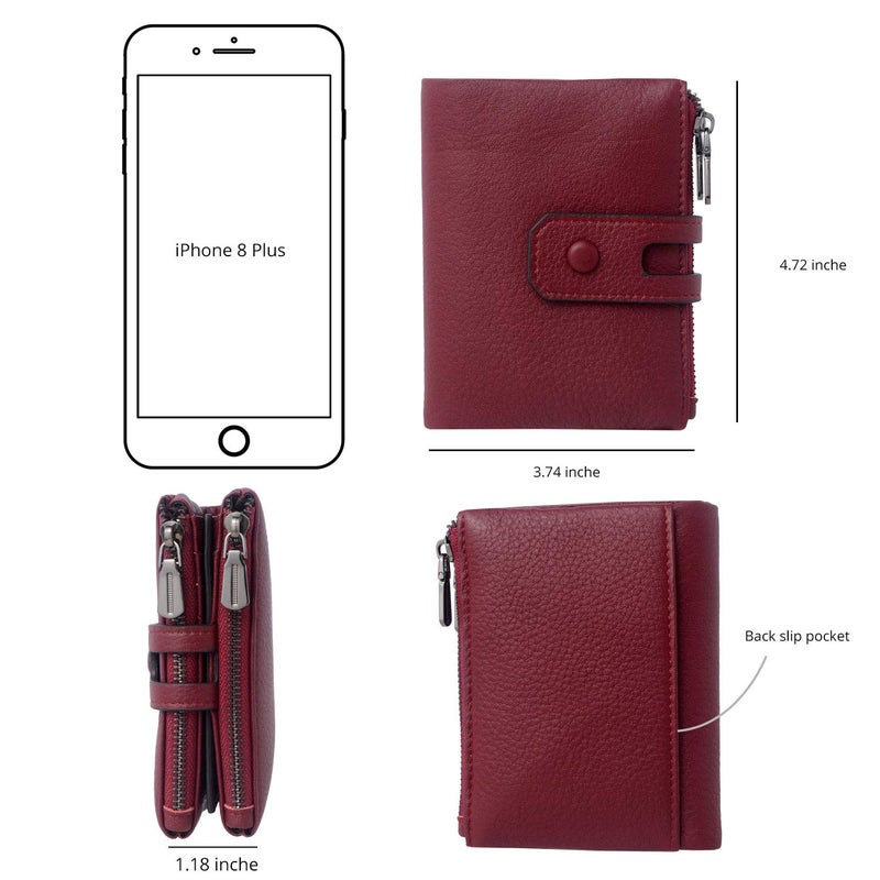 Bveyzi Small Soft Leather Wallet for Women RFID Blocking Ladies Card Holder with Double Zipper Pocket (Wine Red) - Image 5