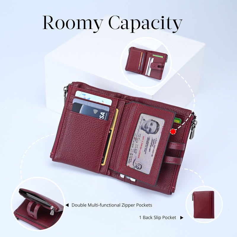 Bveyzi Small Soft Leather Wallet for Women RFID Blocking Ladies Card Holder with Double Zipper Pocket (Wine Red) - Image 2