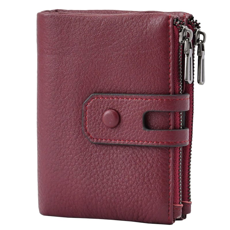 Bveyzi Small Soft Leather Wallet for Women RFID Blocking Ladies Card Holder with Double Zipper Pocket (Wine Red) - Image 1