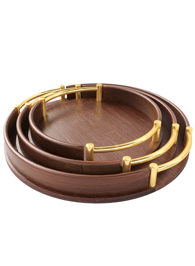 WINEENEE Bamboo Wood Round Brown Serving Tray Set with Handles, Stackable Circle Ottoman Trays for Eating, Entertaining, Decorating, And Organizing - Image 3