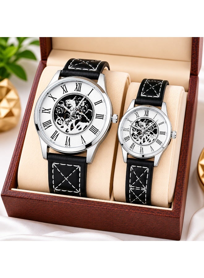 Couple Skeleton Watch Set – Matching Men & Women Analog Watches with Leather Strap Gift Set - Image 1