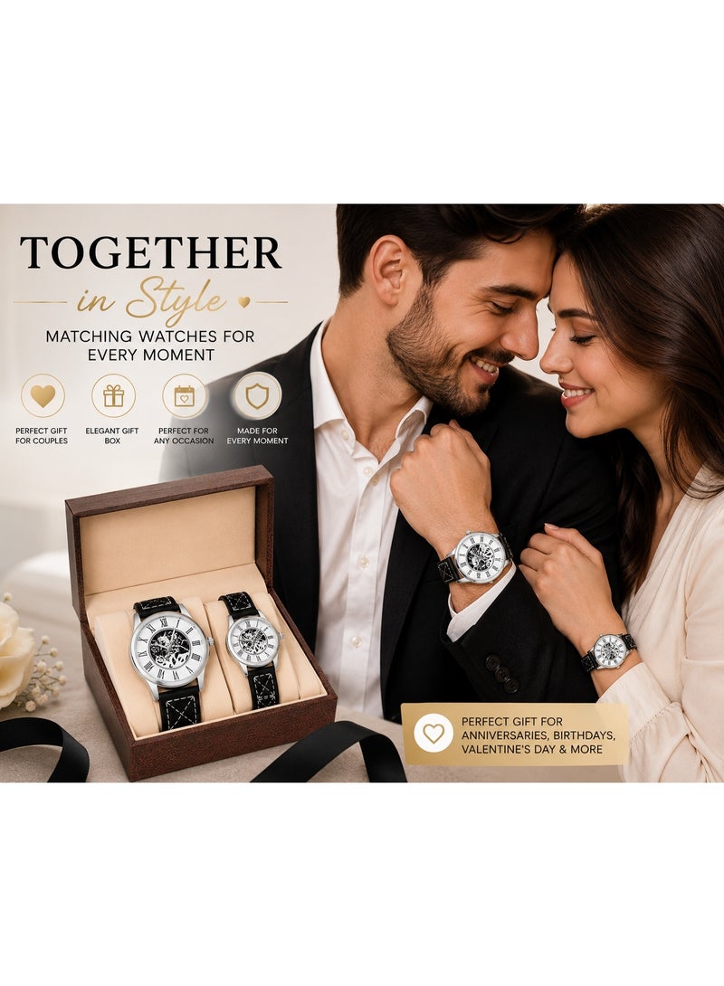 Couple Skeleton Watch Set – Matching Men & Women Analog Watches with Leather Strap Gift Set - Image 3