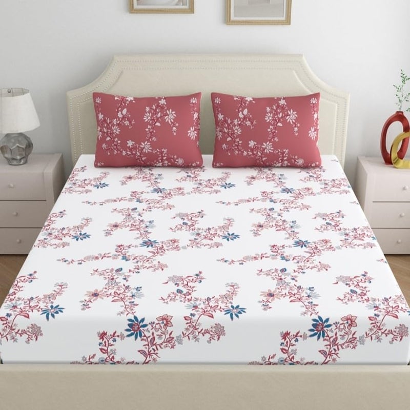 Home Ecstasy 100% Cotton Value King Bedsheet with 2 Pillow Covers - (Size 86 x 108 inches, 140 TC, Colour - Red: Peachleaf Willow) - Image 3