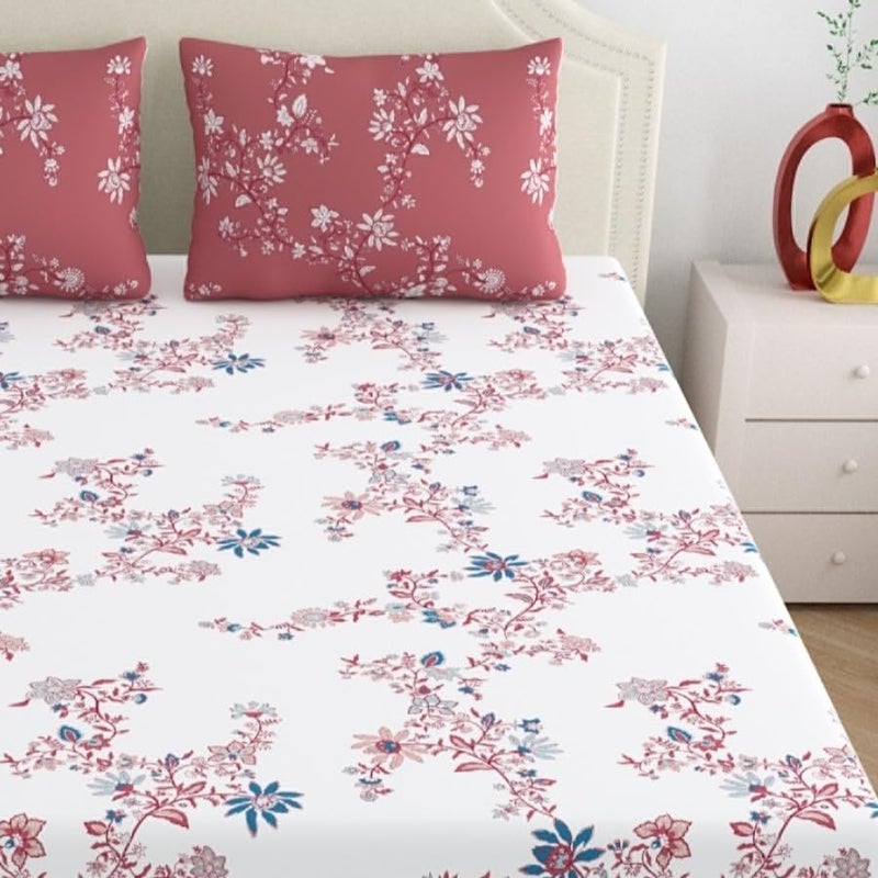 Home Ecstasy 100% Cotton Value King Bedsheet with 2 Pillow Covers - (Size 86 x 108 inches, 140 TC, Colour - Red: Peachleaf Willow) - Image 4