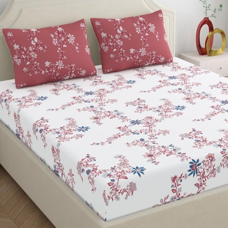 Home Ecstasy 100% Cotton Value King Bedsheet with 2 Pillow Covers - (Size 86 x 108 inches, 140 TC, Colour - Red: Peachleaf Willow) - Image 2