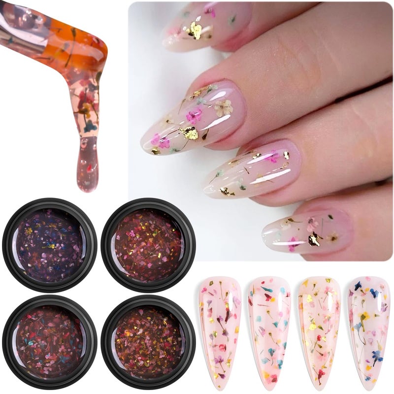 Fcozpjk Dried Flowers Gel Nail Polish, 4 Colors Flower Gel Nail Polish Soak Off UV/LED Nail Polish Spring Summer Floral Nail Design Translucent Jelly Gel Nail Polish Kit Home Manicure - Image 1