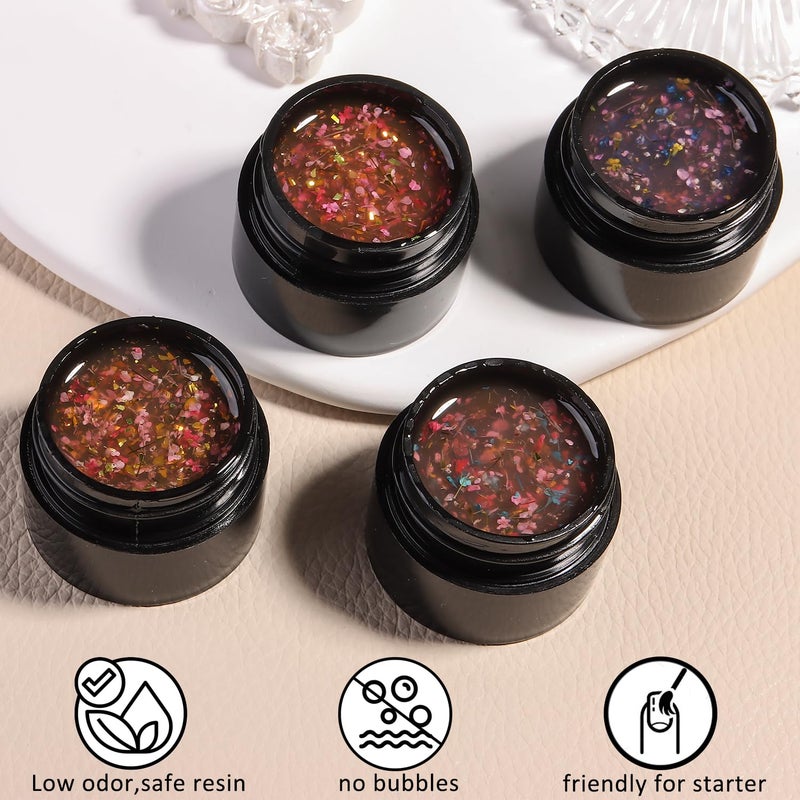 Fcozpjk Dried Flowers Gel Nail Polish, 4 Colors Flower Gel Nail Polish Soak Off UV/LED Nail Polish Spring Summer Floral Nail Design Translucent Jelly Gel Nail Polish Kit Home Manicure - Image 2