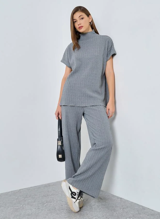 Styli Styli Grey Textured High Neck Top With Side Slit