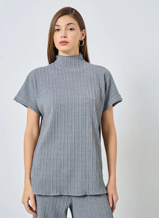Styli Styli Grey Textured High Neck Top With Side Slit