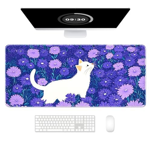 Auhoahsil Large Gaming Mouse Pad, Cute Cat XXL 35.4 x 15.7 in Desk Pad Stitched Non-Slip Rubber Long Computer Mousepad Thin Extended Full Size Desk Mat for Desktop, Laptop, Wireless Mice, Purple - Image 1