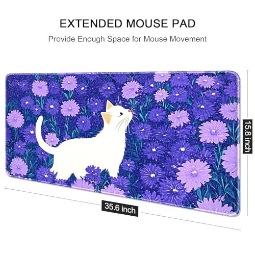 Auhoahsil Large Gaming Mouse Pad, Cute Cat XXL 35.4 x 15.7 in Desk Pad Stitched Non-Slip Rubber Long Computer Mousepad Thin Extended Full Size Desk Mat for Desktop, Laptop, Wireless Mice, Purple - Image 4
