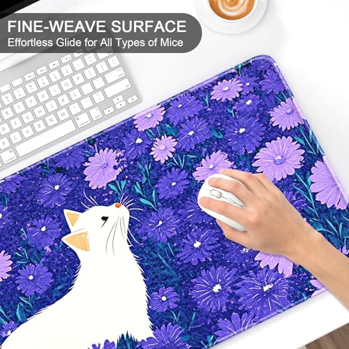 Auhoahsil Large Gaming Mouse Pad, Cute Cat XXL 35.4 x 15.7 in Desk Pad Stitched Non-Slip Rubber Long Computer Mousepad Thin Extended Full Size Desk Mat for Desktop, Laptop, Wireless Mice, Purple - Image 5