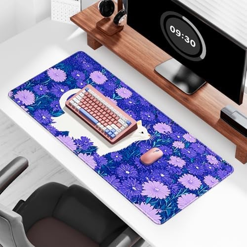 Auhoahsil Large Gaming Mouse Pad, Cute Cat XXL 35.4 x 15.7 in Desk Pad Stitched Non-Slip Rubber Long Computer Mousepad Thin Extended Full Size Desk Mat for Desktop, Laptop, Wireless Mice, Purple - Image 3