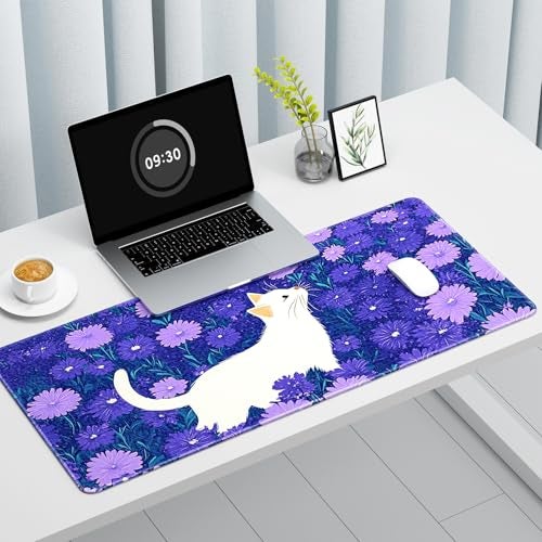 Auhoahsil Large Gaming Mouse Pad, Cute Cat XXL 35.4 x 15.7 in Desk Pad Stitched Non-Slip Rubber Long Computer Mousepad Thin Extended Full Size Desk Mat for Desktop, Laptop, Wireless Mice, Purple - Image 2