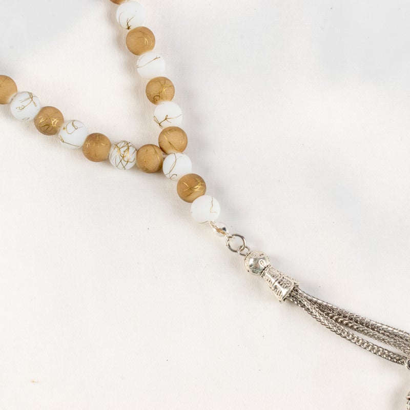 Goldesh Brown & White Alabaster Stone Prayer Bead of 33 Beads - Image 3